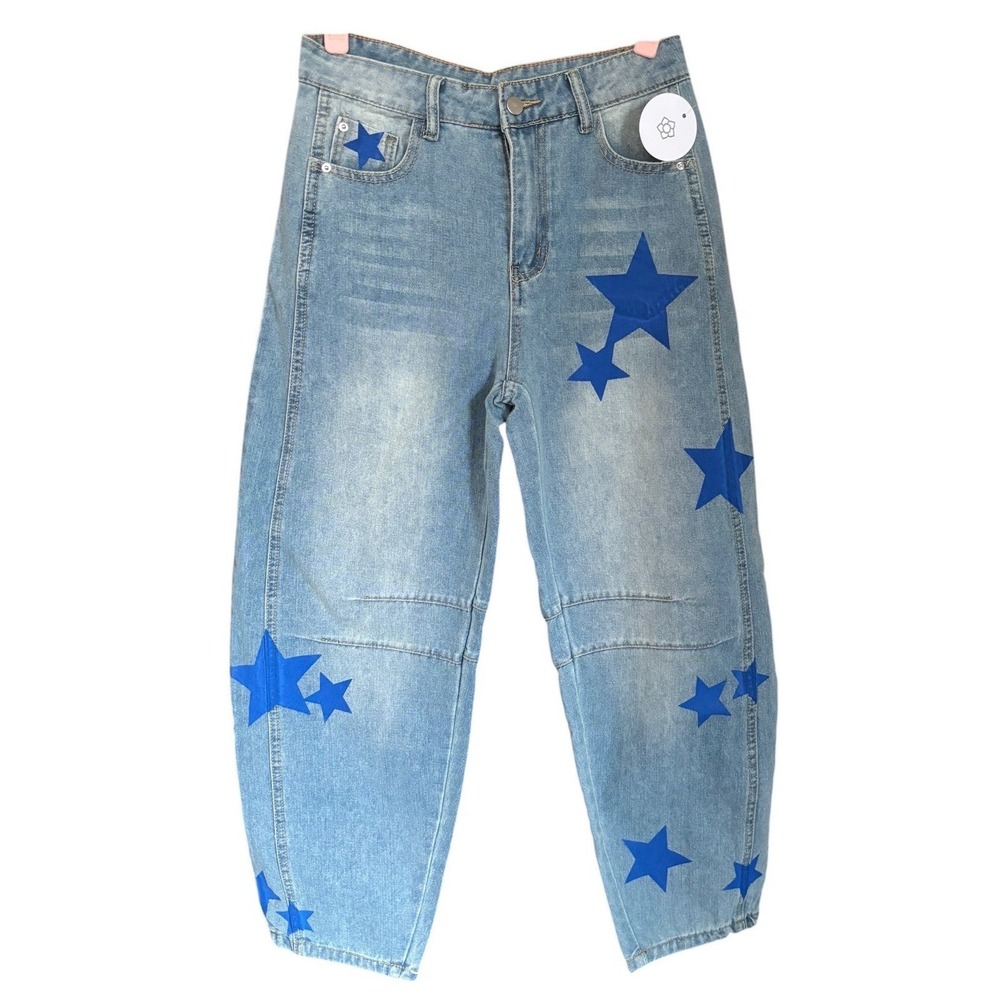 NWT Star Print Barrel Jeans S‎ Blue Denim High Rise Full Length Statement